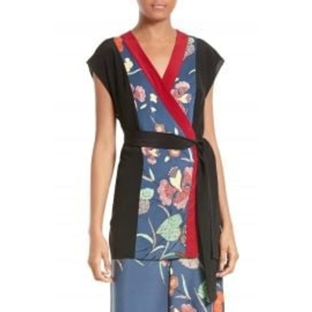 Diane von Furstenberg DVF Silk Floral Wrap Top Blue Black Red Size 6